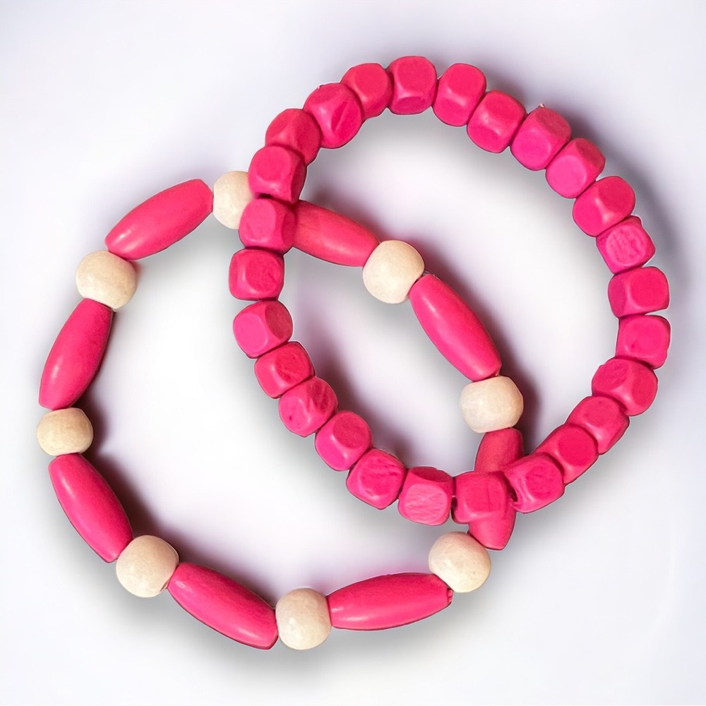 NEW VINTAGE beaded wood stretchy bracelet  SET - Pink and White. Incredibly Rare